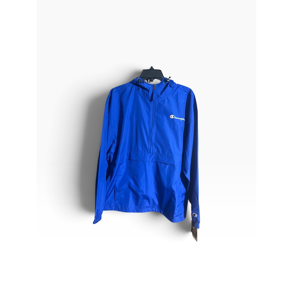 Champion Mens Blue Packable Anorak Windbreaker Jacket Half Zip Hooded Large NWT